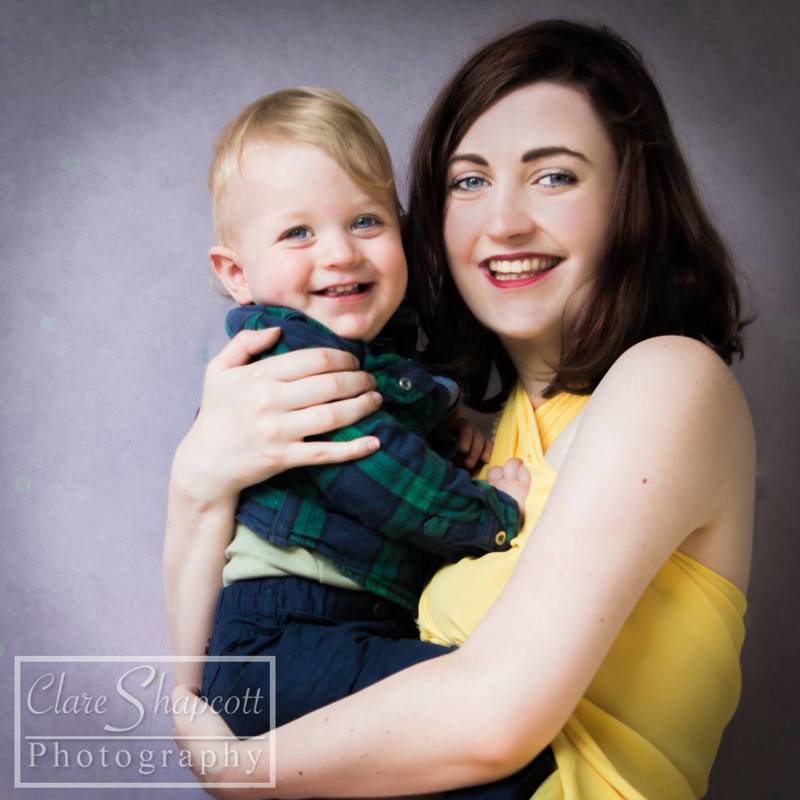 Family photograph, mother and son, yellow dress