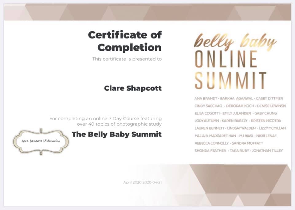 Certificate of completion of The Baby Belly Summit photography course