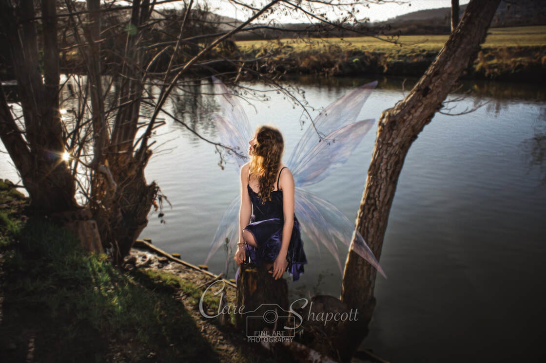 Young lady in blue dress and purple and blue fairy wings sits on tree stump next to a river.