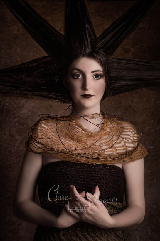 Creative portrait of woman with long brown hair wildly sticking out everywhere with brown dress and neckpeice