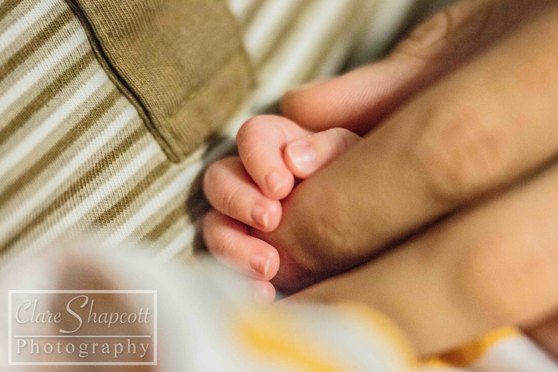 Photograph of parents holding premature child's hand