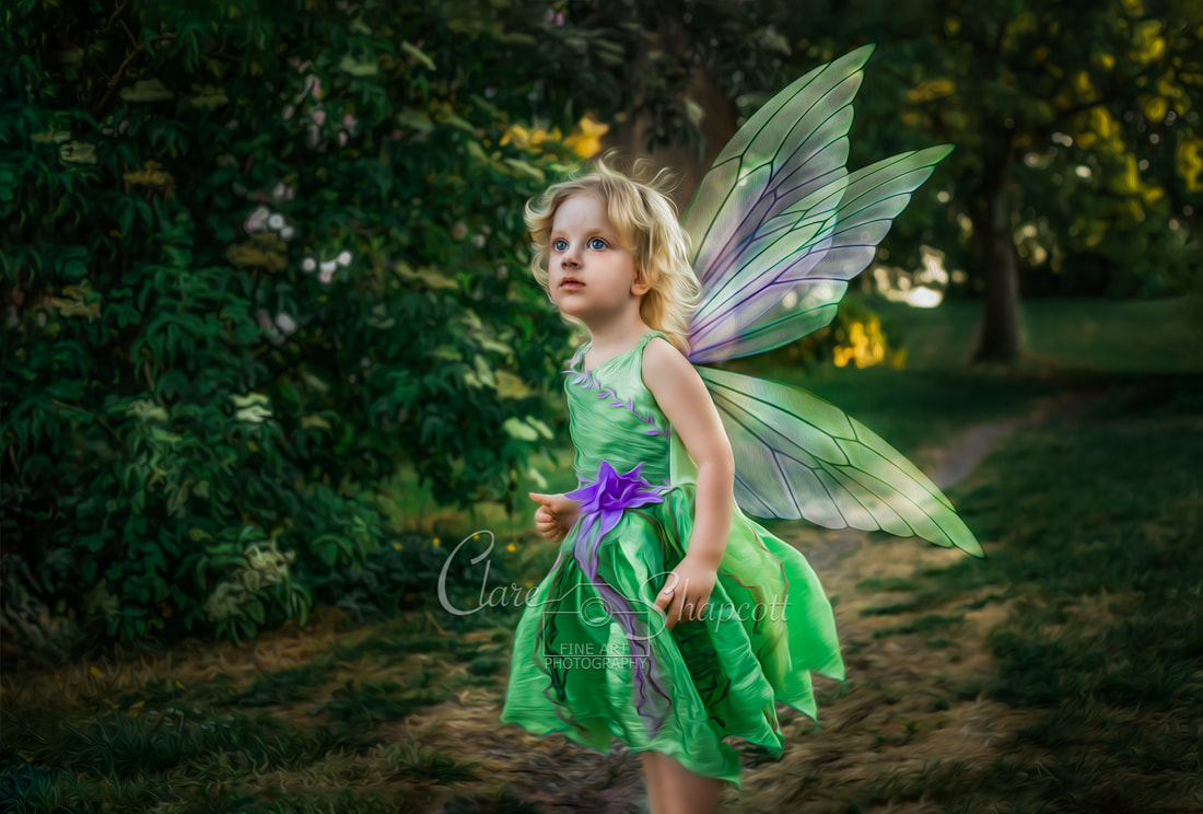 Outdoor photograph of young girl in green and purple dress with fairy wings stares eagerly ahead of her.