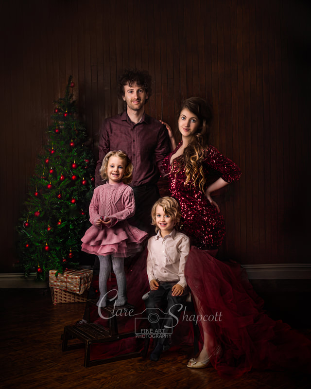 Father in dark red shirt stands next to wife in red sparkly dress with daughter in pink woolly dress standing on stepladder and son in smart white shirt sitting on stool, all with a christmas tree behind them.