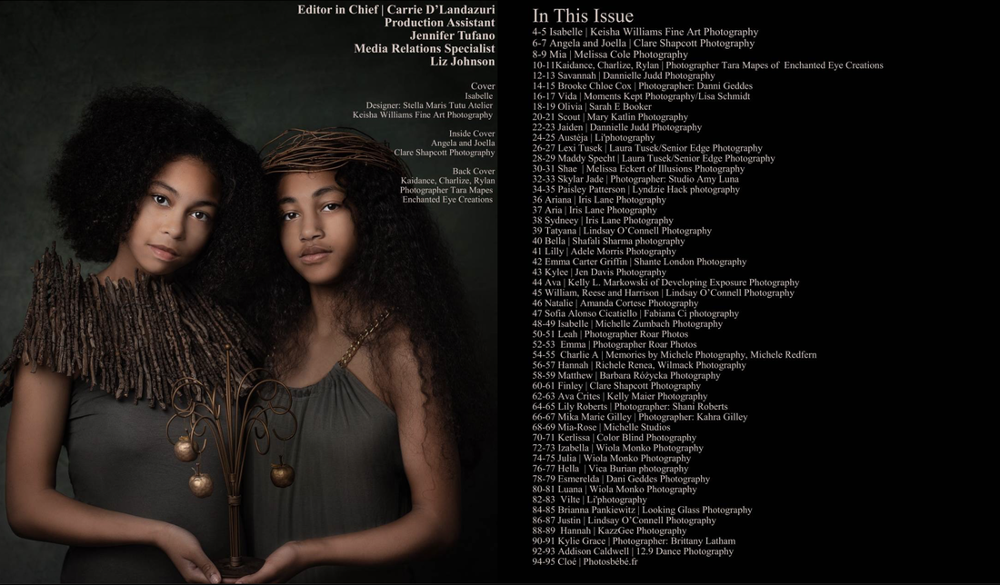 Two page entry in photography magazine showing picture of sisters wearing wooden accessories and leaning into each other, next to black page of white text.